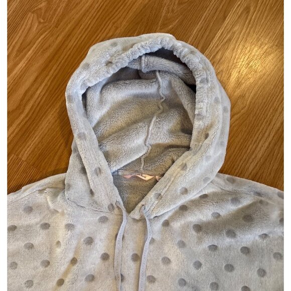 La Vie En Rose Nightgown MED Hooded Gray Polka Dot Plush Lounge Dress Pockets - Picture 6 of 9